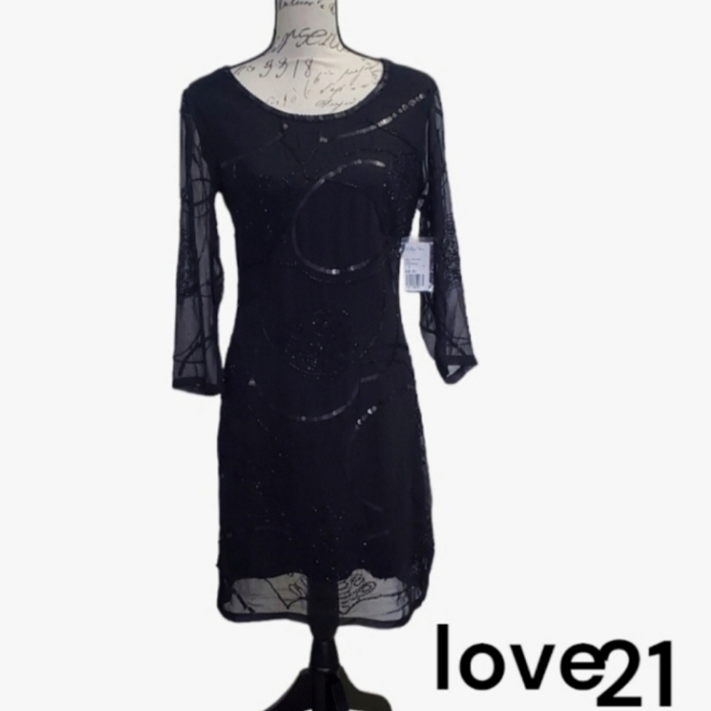NWT love 21 Women's Little Black Dress Midi Sequins/Beaded Size S/P